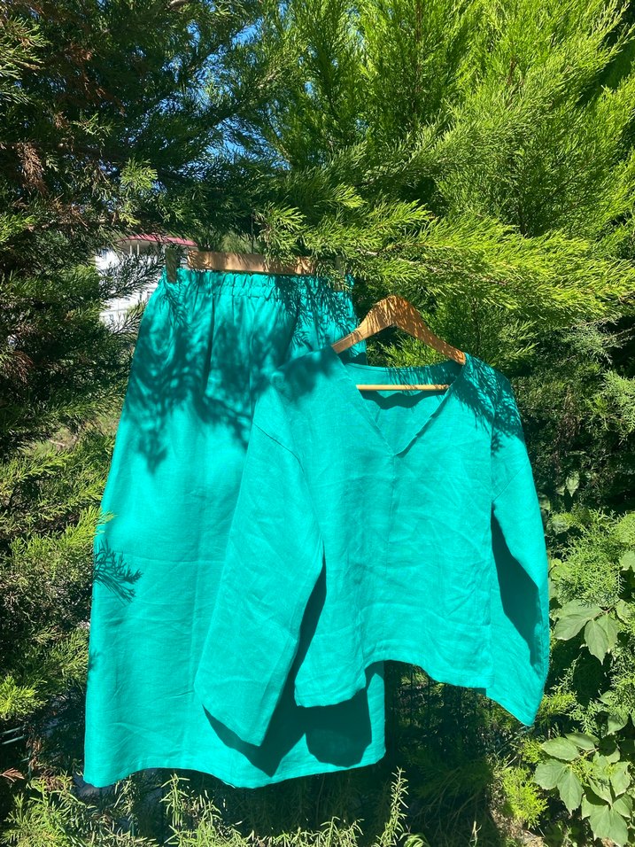 Uzun yeşil ham keten Kadın Takım Elbise - Görsel 3