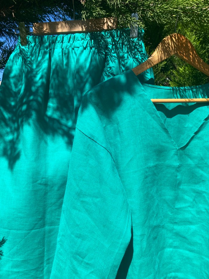 Uzun yeşil ham keten Kadın Takım Elbise - Görsel 5