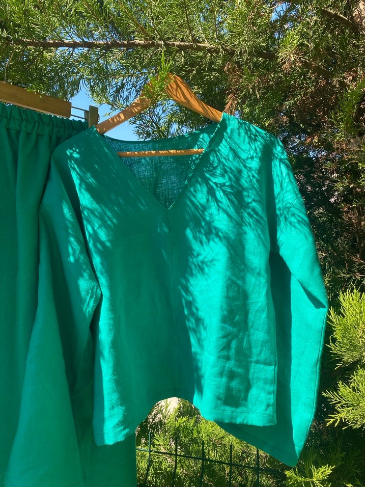 Uzun yeşil ham keten Kadın Takım Elbise - Görsel 4