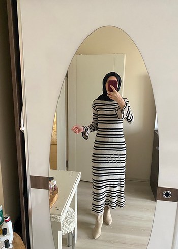 Uzun Kollu Zebra Desenli Triko Elbise - Görsel 5