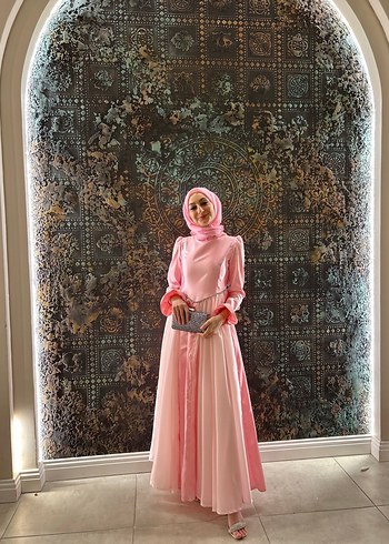 Uzun Kol Drapeli Pembe Abiye Elbise - Görsel 2