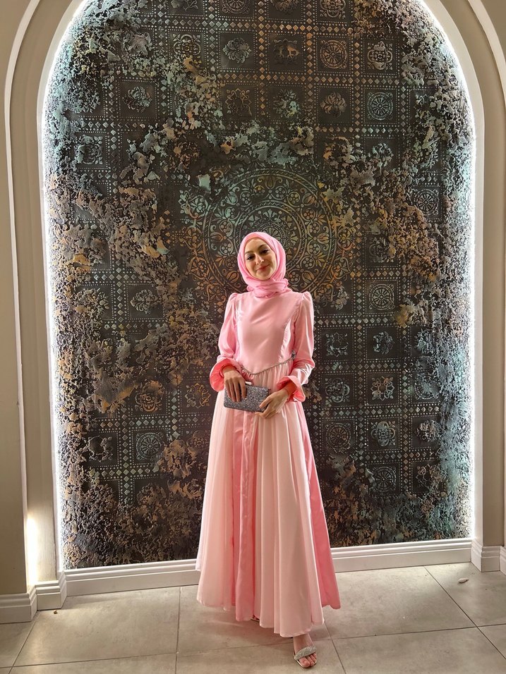 Uzun Kol Drapeli Pembe Abiye Elbise - Görsel 2