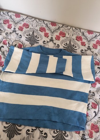 Mavi Beyaz Çizgili Triko Kadın Kazak
