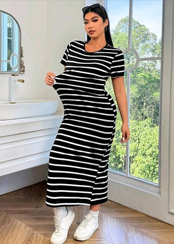 s Beden Zebra Desenli Siyah Uzun Elbise