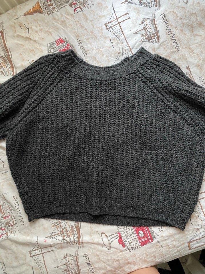 Gri Örgü Kadın Kazak, Salaş Kesim, Bisiklet Yaka - Görsel 2