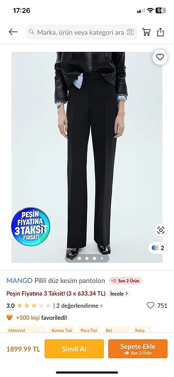 MANGO PİLİLİ DÜZ KESİM PANTALON