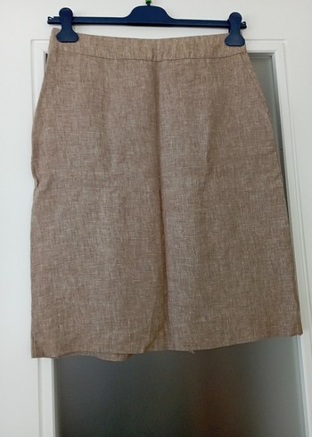 Düğmeli Bej Midi Keten Etek - Görsel 5