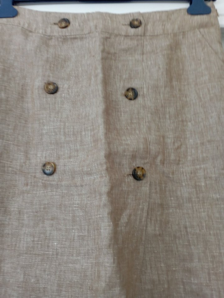 Düğmeli Bej Midi Keten Etek - Görsel 4