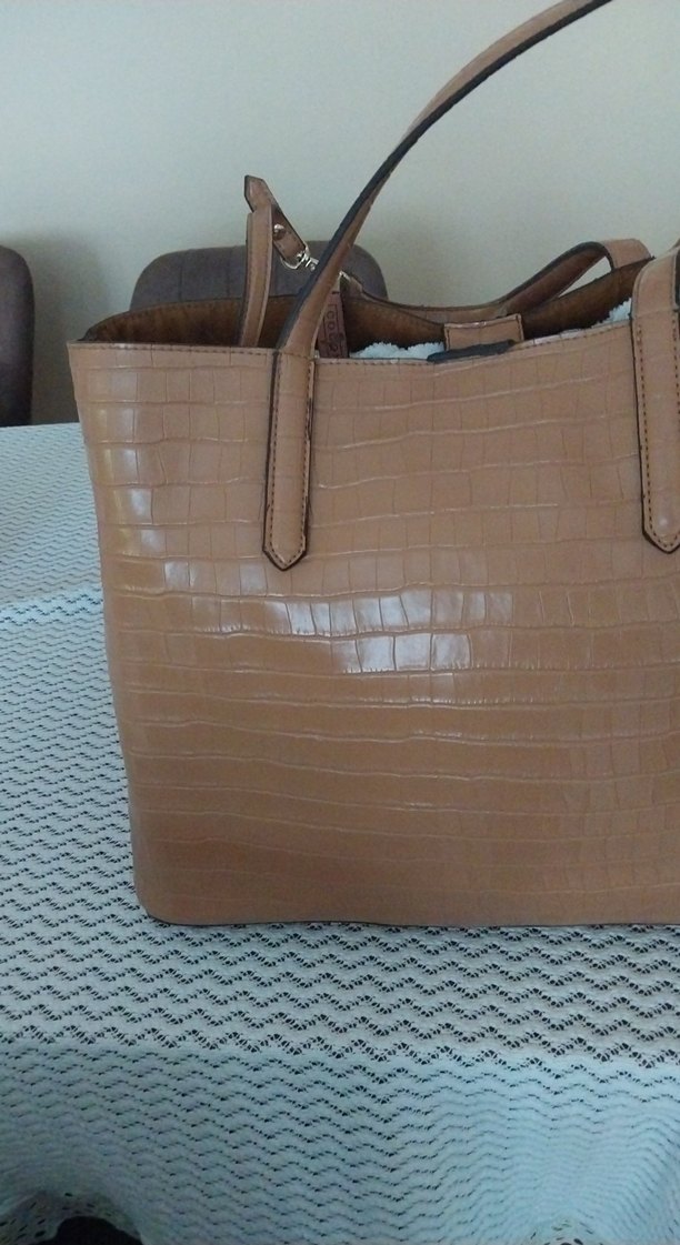 Bej Deri Kadın Çanta  büyük boy - Görsel 3
