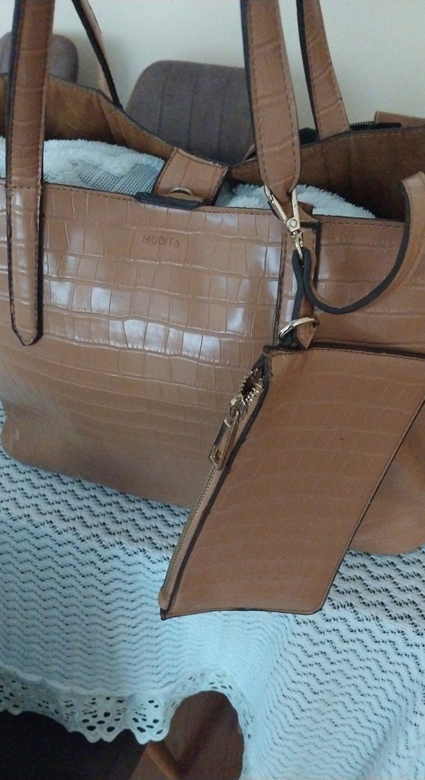 Bej Deri Kadın Çanta  büyük boy - Görsel 2