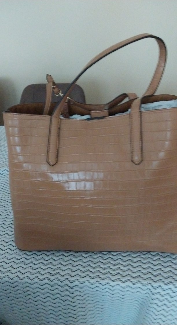 Bej Deri Kadın Çanta  büyük boy - Görsel 5