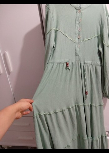 Düğmeli Yeşil Bohem Uzun Keten Elbise - Görsel 2