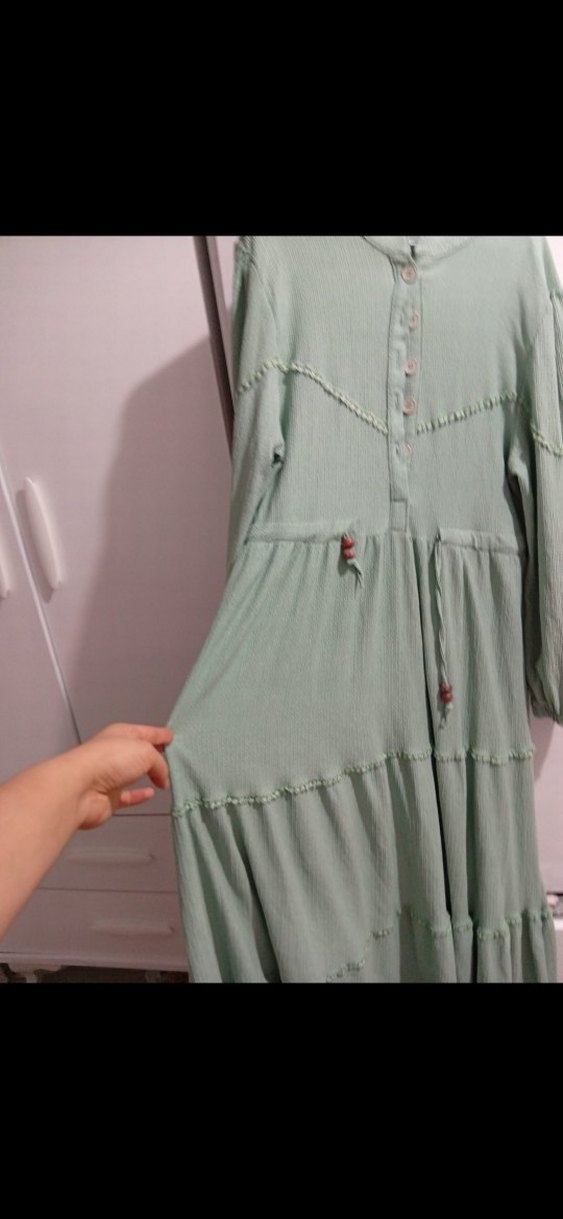Düğmeli Yeşil Bohem Uzun Keten Elbise - Görsel 2