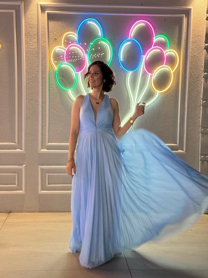 Mavi Drapeli V Yakalı uzun Abiye Elbise - Görsel 3