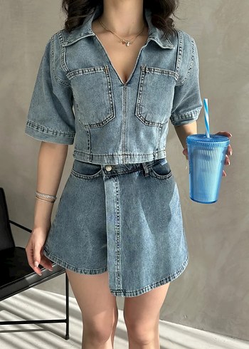 Denim Bluz ve Etek İkili Takım