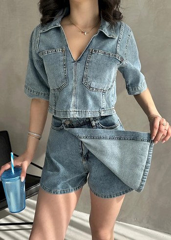 m Beden mavi Renk Denim Bluz ve Etek İkili Takım