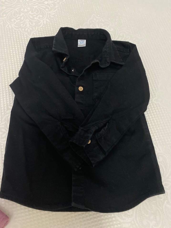 Siyah Pamuklu Erkek Gömlek, Uzun Kollu, Düğmeli - Görsel 3