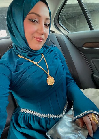 Uzun Kollu Turkuaz İşlemeli Abiye Elbise - Görsel 4