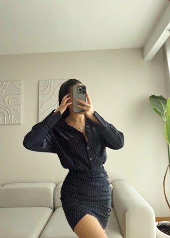 Çizgili Siyah Denim Midi Etekli Ofis Takım - Görsel 3