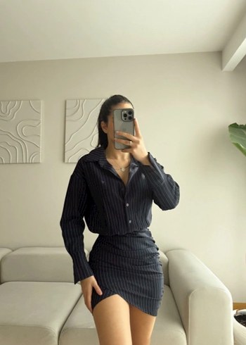 Çizgili Siyah Denim Midi Etekli Ofis Takım - Görsel 2