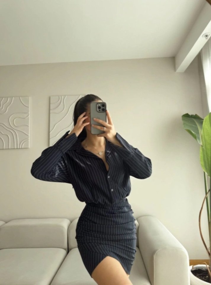 Çizgili Siyah Denim Midi Etekli Ofis Takım - Görsel 3