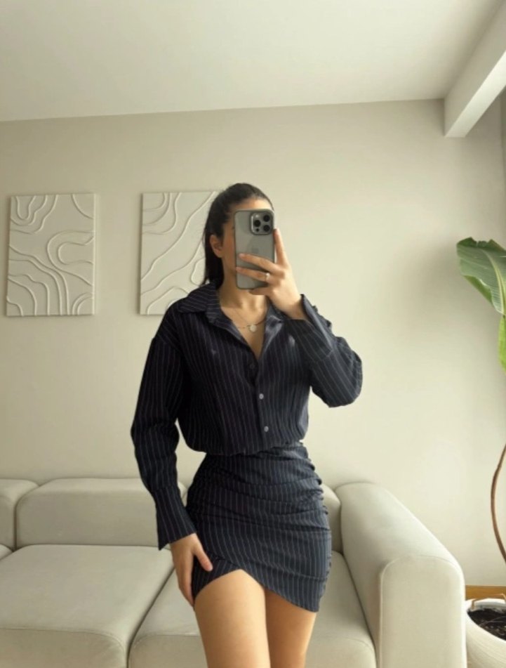 Çizgili Siyah Denim Midi Etekli Ofis Takım - Görsel 2