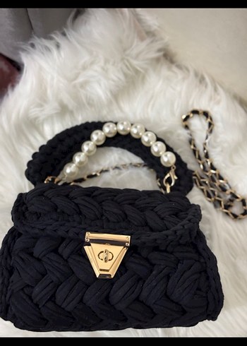 Siyah Örgü Kadın Çanta İnci Detaylı - Görsel 2