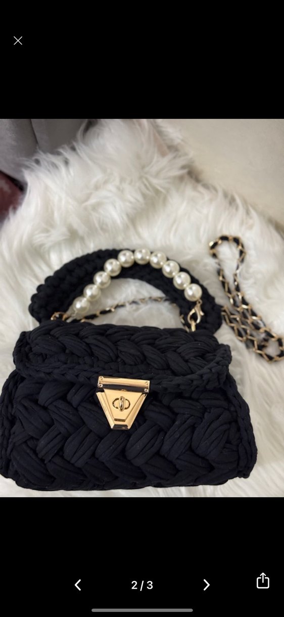 Siyah Örgü Kadın Çanta İnci Detaylı - Görsel 2