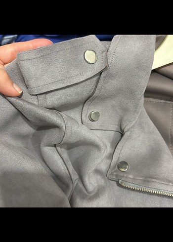 Gri Süet Kemerli Kısa Kadın biker çeket - Görsel 5