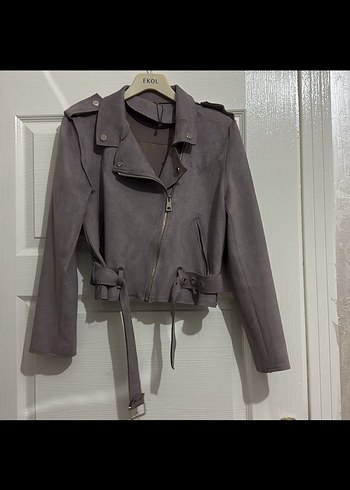 Gri Süet Kemerli Kısa Kadın biker çeket - Görsel 2