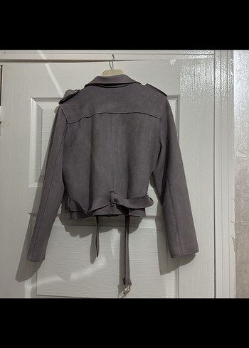 Gri Süet Kemerli Kısa Kadın biker çeket - Görsel 4