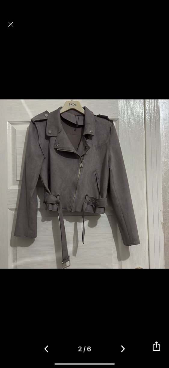 Gri Süet Kemerli Kısa Kadın biker çeket - Görsel 2