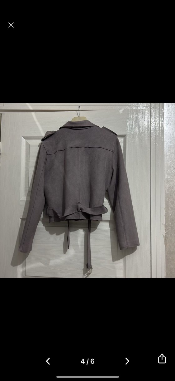 Gri Süet Kemerli Kısa Kadın biker çeket - Görsel 4