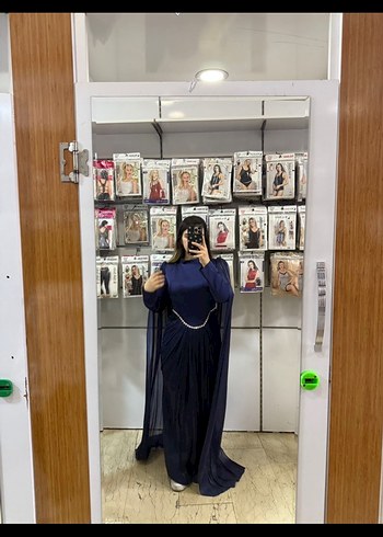 Uzun Kollu Lacivert Gotik Abiye Elbise - Görsel 4