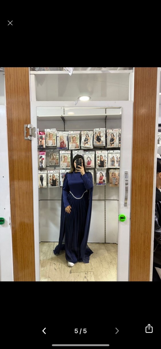 Uzun Kollu Drapeli Lacivert Abiye Elbise - Görsel 5