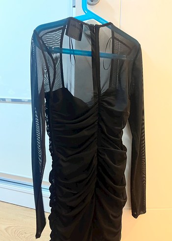 Siyah Straplez Fırfırlı Midi Elbise - Görsel 2