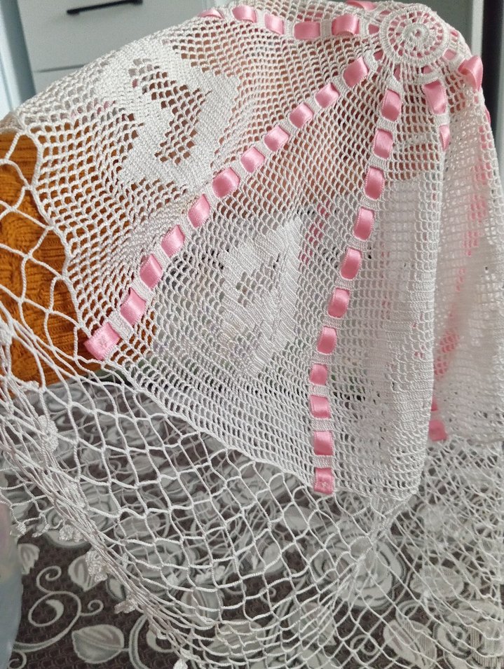 Pembe Kurdele Detaylı Bohem Dantel Örtü - Görsel 2