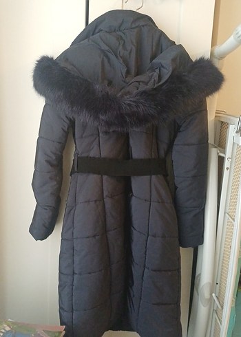 Kemerli Lacivert Kadın Uzun Kışlık Mont - Görsel 5