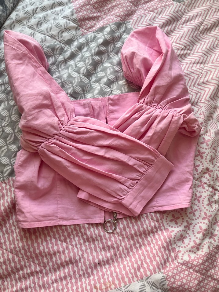 Pembe Keten Fırfırlı V Yaka Kısa Kollu Bluz - Görsel 4