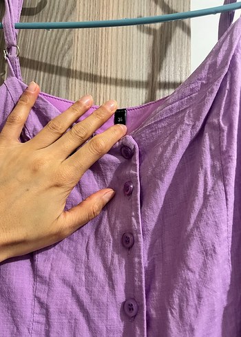 Düğmeli Mor Midi Keten Bohem Elbise - Görsel 3