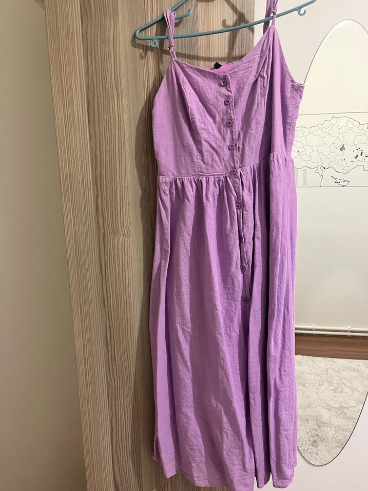 Düğmeli Mor Midi Keten Bohem Elbise - Görsel 2
