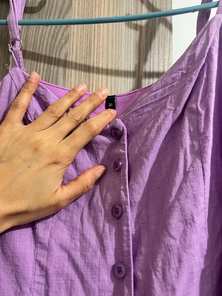 Düğmeli Mor Midi Keten Bohem Elbise - Görsel 3