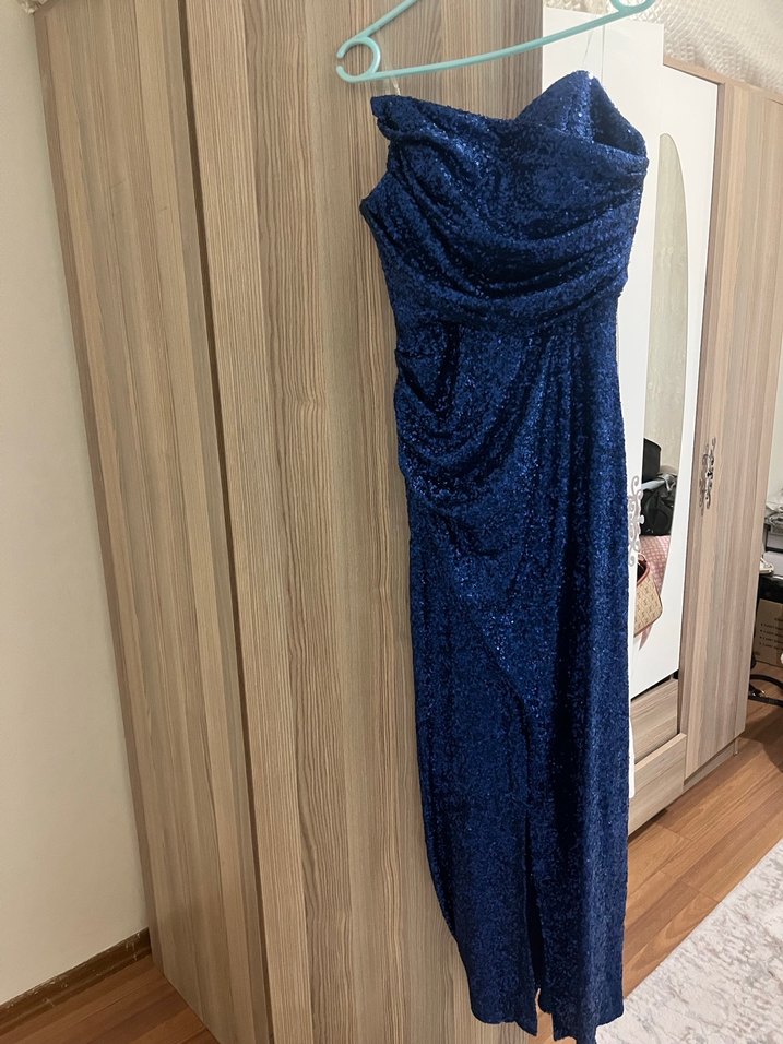 Mavi Parlak Midi Kadın Elbise - Jovian - Görsel 5