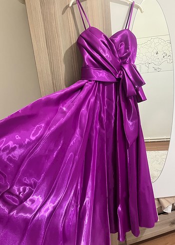 Parlak fuşya Drapeli Uzun Abiye Elbise - Görsel 3