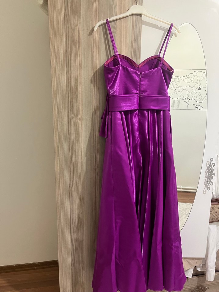 Parlak fuşya Drapeli Uzun Abiye Elbise - Görsel 5