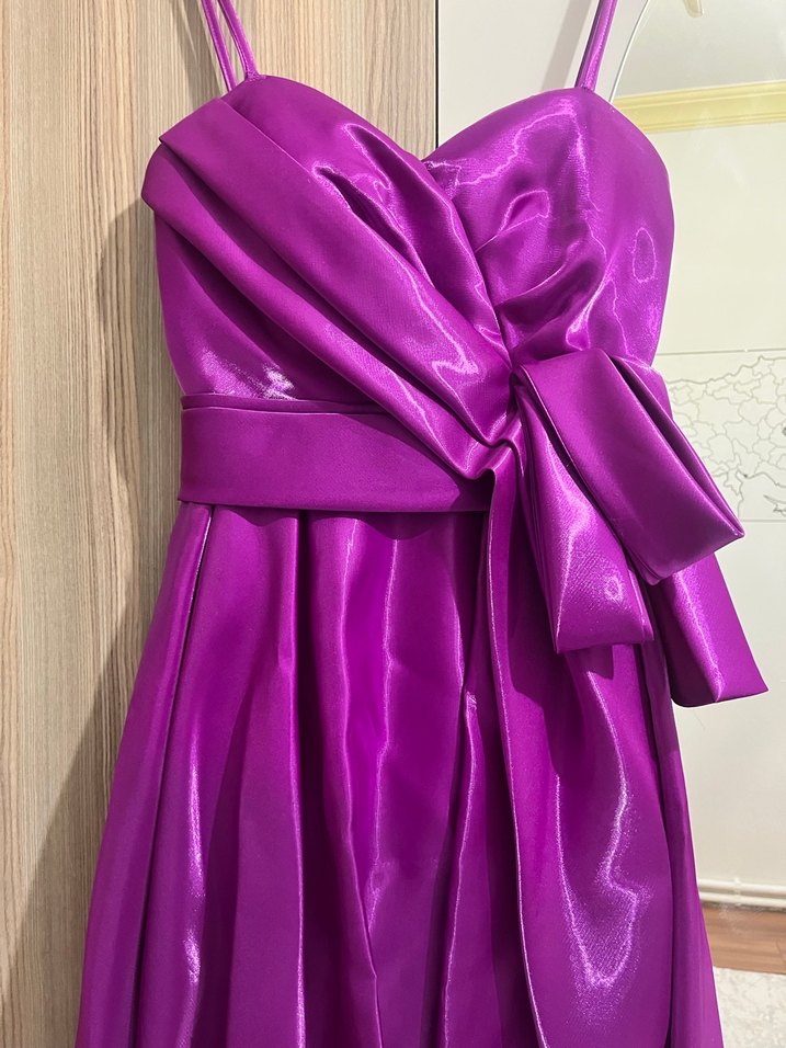 Parlak fuşya Drapeli Uzun Abiye Elbise - Görsel 2