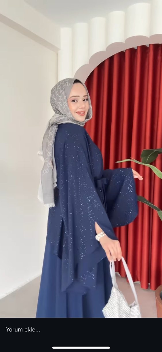 Uzun Kol Etnik Desenli Mavi Bohem Abiye - Görsel 2