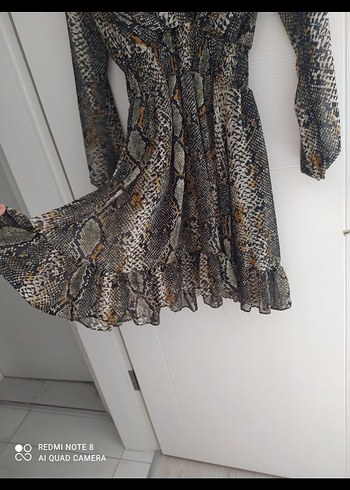 Yılan Desenli Kahverengi Uzun Kollu Elbise - Görsel 3