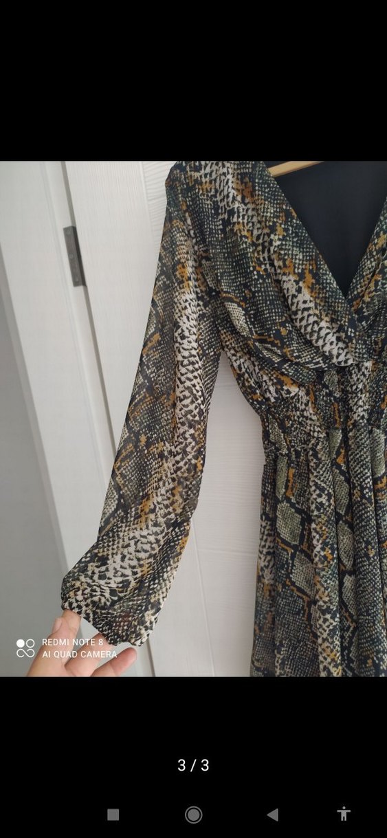 Yılan Desenli Kahverengi Uzun Kollu Elbise - Görsel 2