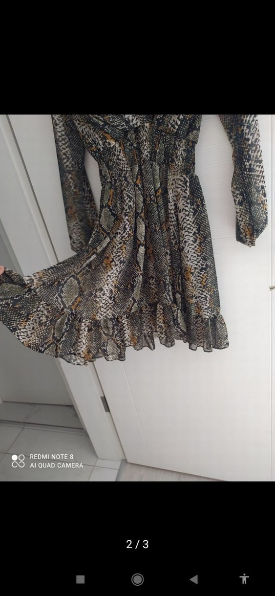 Yılan Desenli Kahverengi Uzun Kollu Elbise - Görsel 3